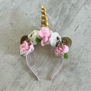 Gold Unicorn Headband with Pink and White Flowers